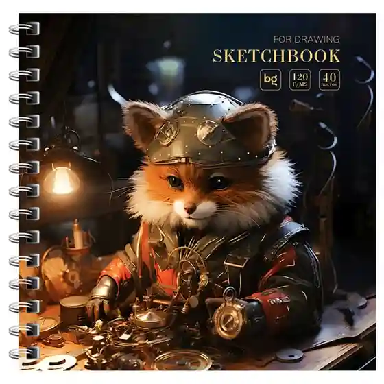 Скетчбук 40 листов, 170*170 BG "Steampunk. Fox", на гребне, глянцевая ламинация, фольга, 120 г/м2