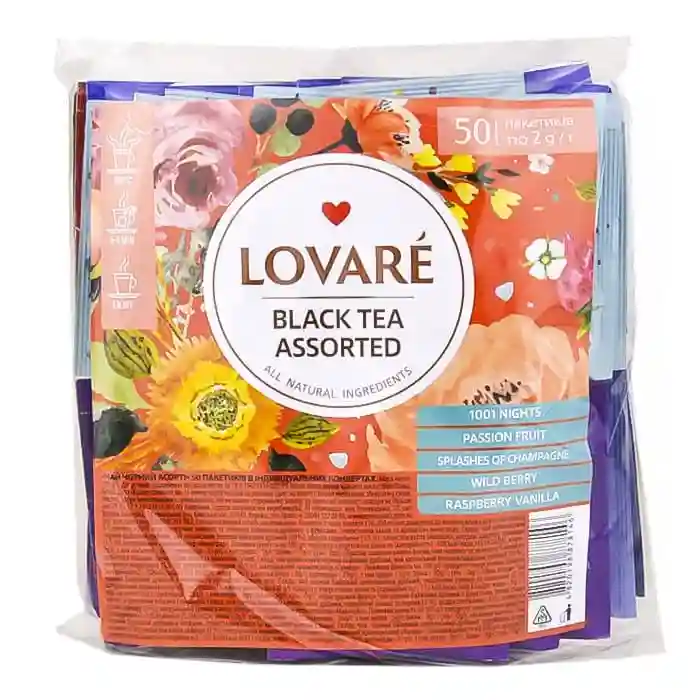 Ceai LOVARE Black Assorti 50 plicuri, în ambalaj transparent, ceai negru (asortat)