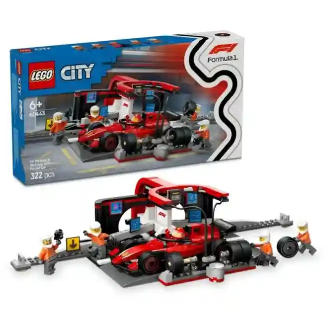 Constructor LEGO City F1 Pit Stop și echipa Pit Stop cu mașina Ferrari, art. 60443