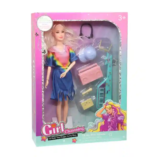 Păpușă "SWEET" în haine și accesorii retro, rochie albastră, cod 879020