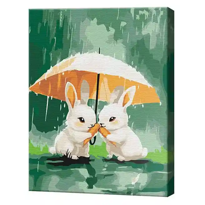 Doi iepurași sub umbrelă, 30x40 cm, pictură pe numere