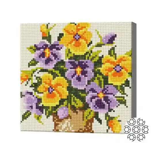 Виолы в корзине, 20x20 см, алмазная мозаика, круглые кристаллы