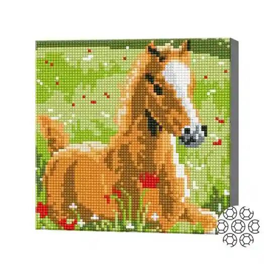 Calul printre maci, 20x20 cm, mozaic cu diamante, cristale rotunde