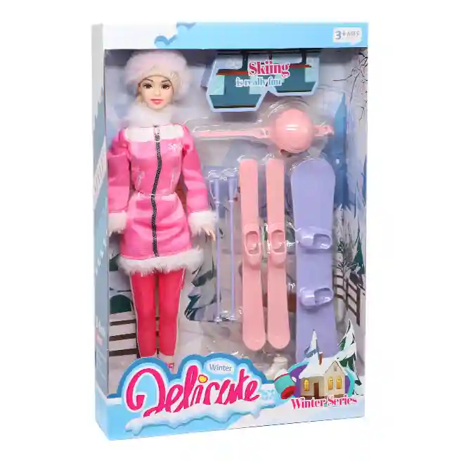 Păpușă „Patinaj de iarnă”, într-o haină de blană roz, cod 880281