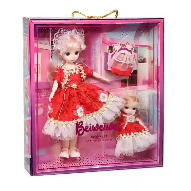Set de păpuși "Mamă și fiică" cu geantă, roșii, cod 880114
