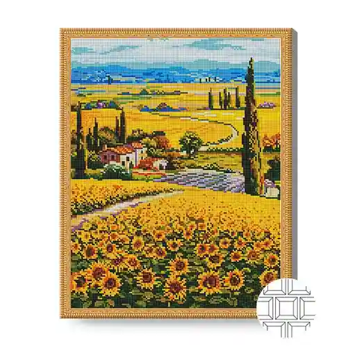 Drum printr-un câmp de floarea-soarelui, 40x50 cm, mozaic cu diamante pătrate