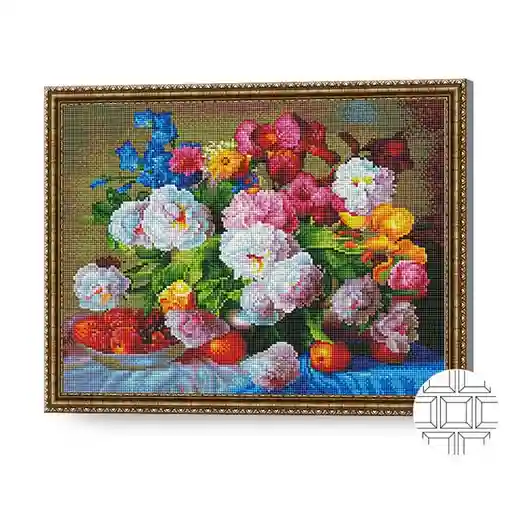 Buchet luxos de bujori și iriși, 40x50 cm, mozaic cu diamante pătrate