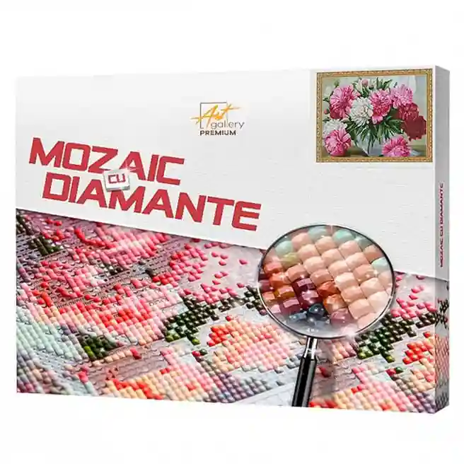 Bujori albi și roz, 40x50 cm, mozaic cu diamante pătrate