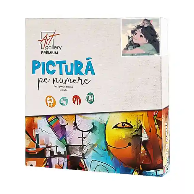 Fată cu motan, 20x20 cm, pictură pe numere