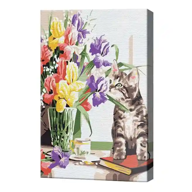 Motan și un buchet de flori, 20x30 cm, pictură pe numere