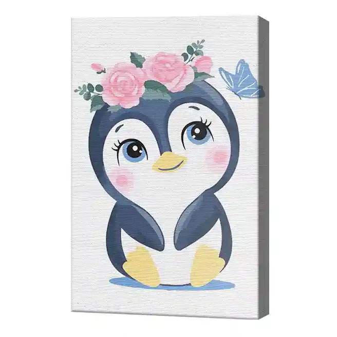 Un pinguin în coroniță de flori, 20x30 cm, pictură pe numere