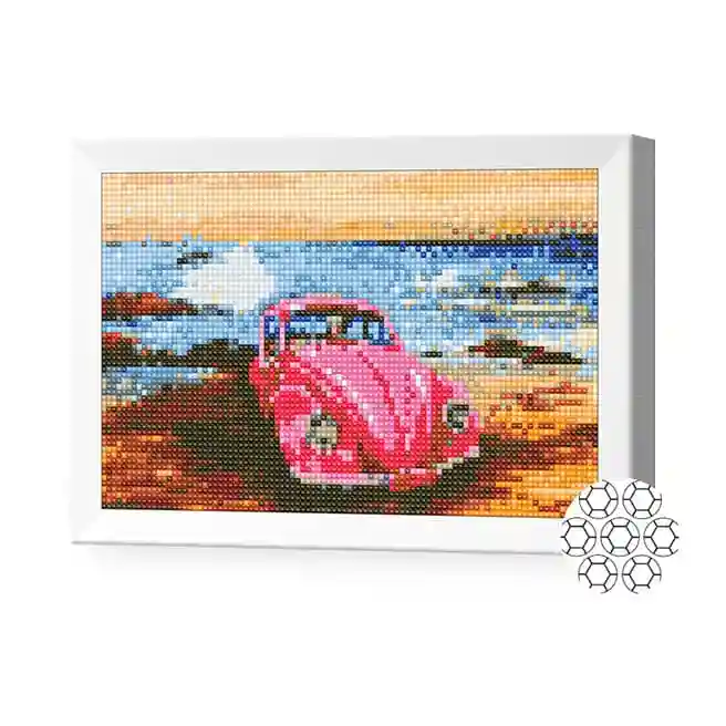 Розовый автомобиль у моря, 20x30 см, алмазная мозаика