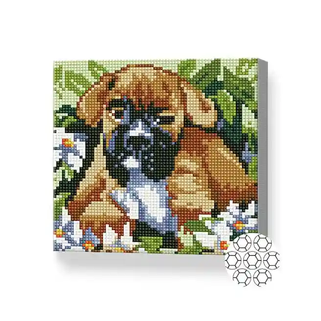 Щенок среди цветов, 20x20 см, алмазная мозаика