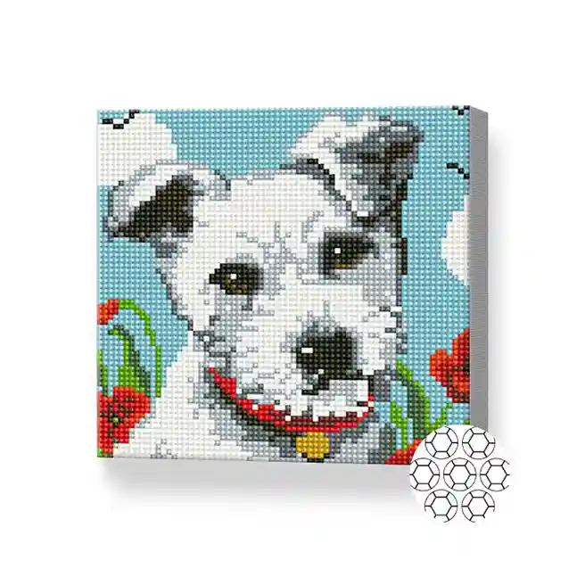 Cățeluș sur printre maci, 20x20 cm, mozaic cu diamante