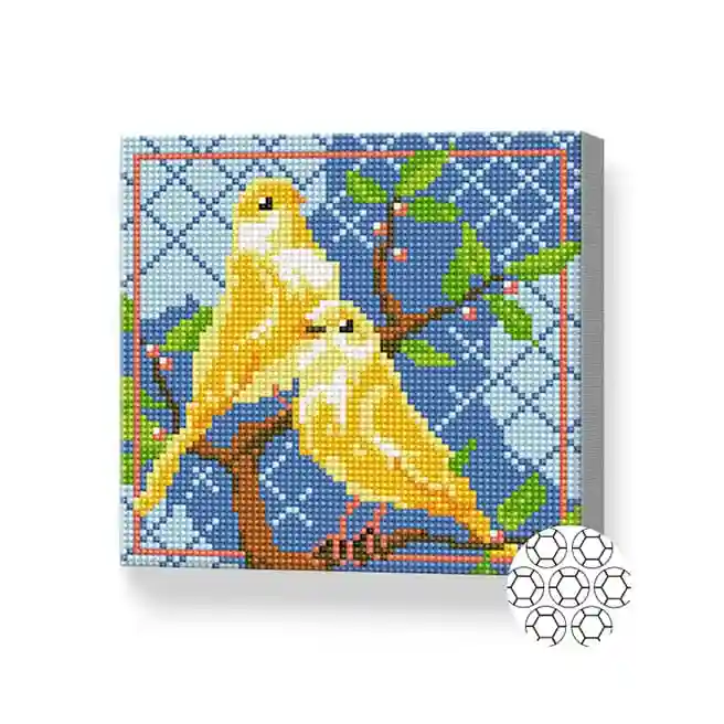 Canari pe ramură, 20x20 cm, mozaic cu diamante