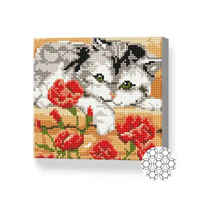 Motan și maci, 20x20 cm, mozaic cu diamante