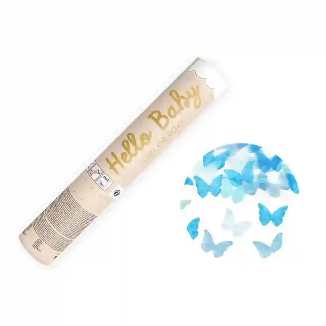 Tun de confetti HELLO BABY cu fluturi, 20 cm, albastru