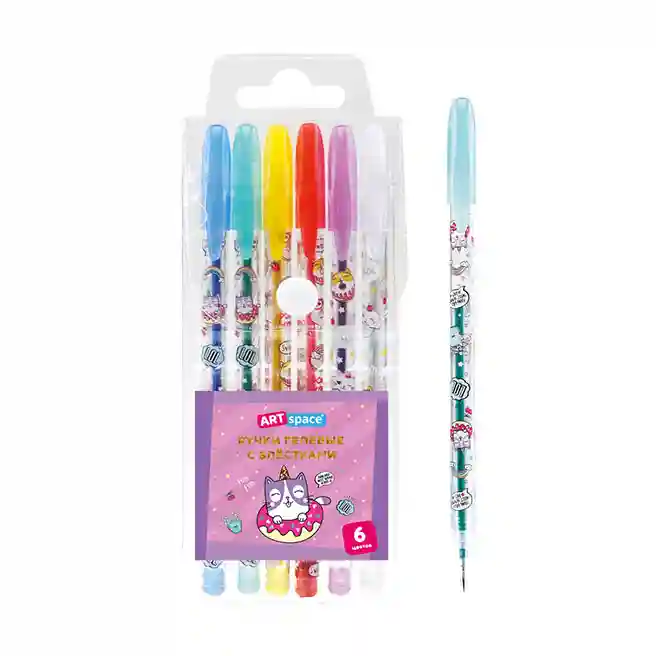 Set de pixuri gel ArtSpace "Pisică pofticioasă" 6 culori, 1,0 mm, cu sclipici