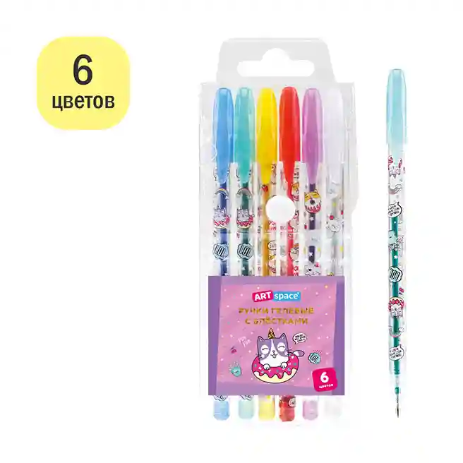 Set de pixuri gel ArtSpace "Pisică pofticioasă" 6 culori, 1,0 mm, cu sclipici