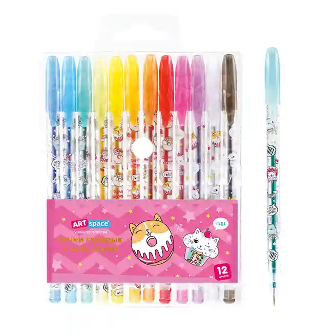 Set de pixuri gel ArtSpace "Pisică pofticioasă" 12 culori, 1,0 mm, cu sclipici