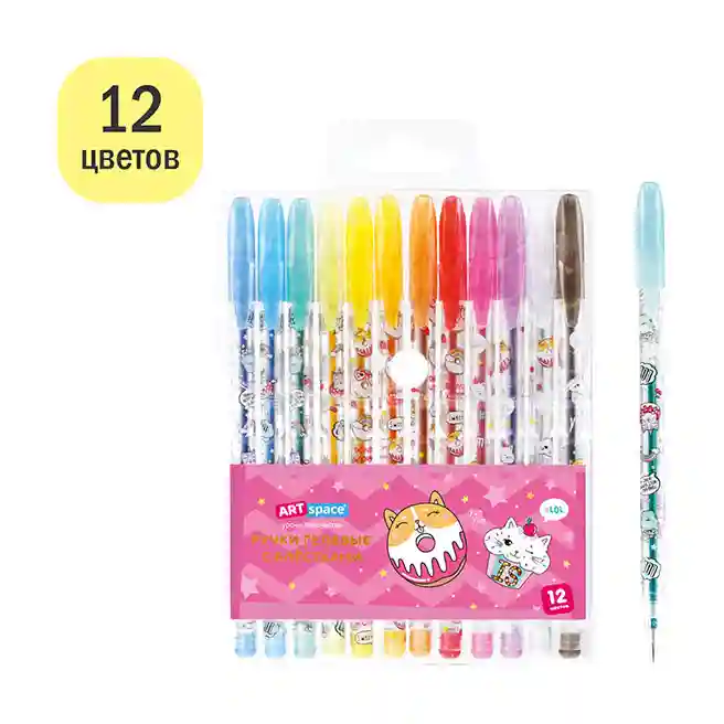 Set de pixuri gel ArtSpace "Pisică pofticioasă" 12 culori, 1,0 mm, cu sclipici