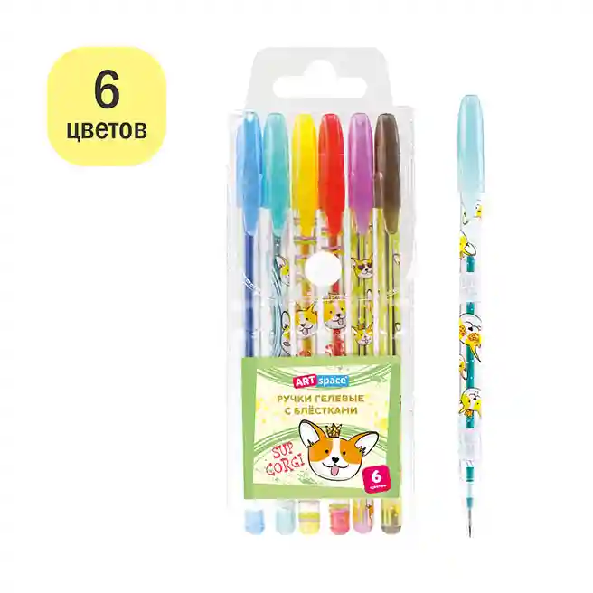 Set de pixuri gel ArtSpace "Animalele drăguțe" 6 culori, 1,0 mm, cu sclipici