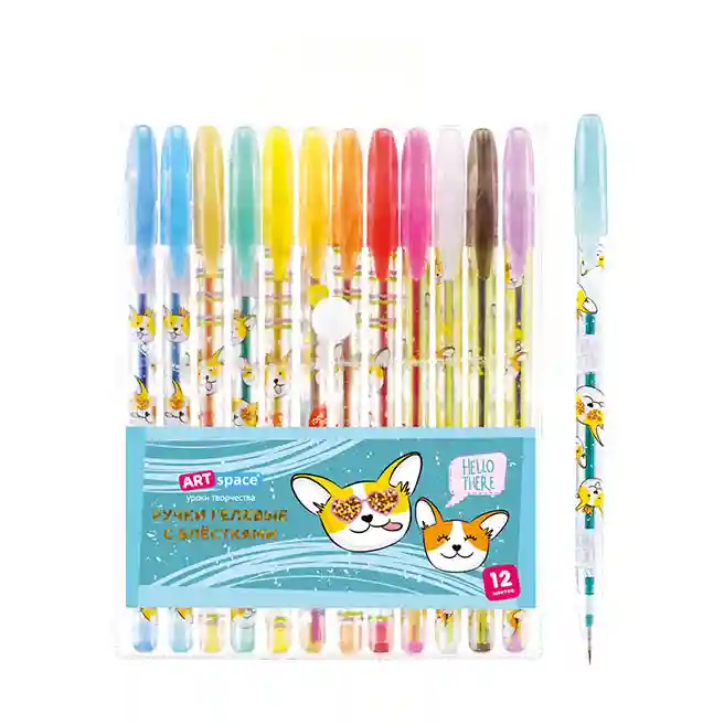 Set de pixuri gel ArtSpace "Animalele drăguțe" 12 culori, 1,0 mm, cu sclipici