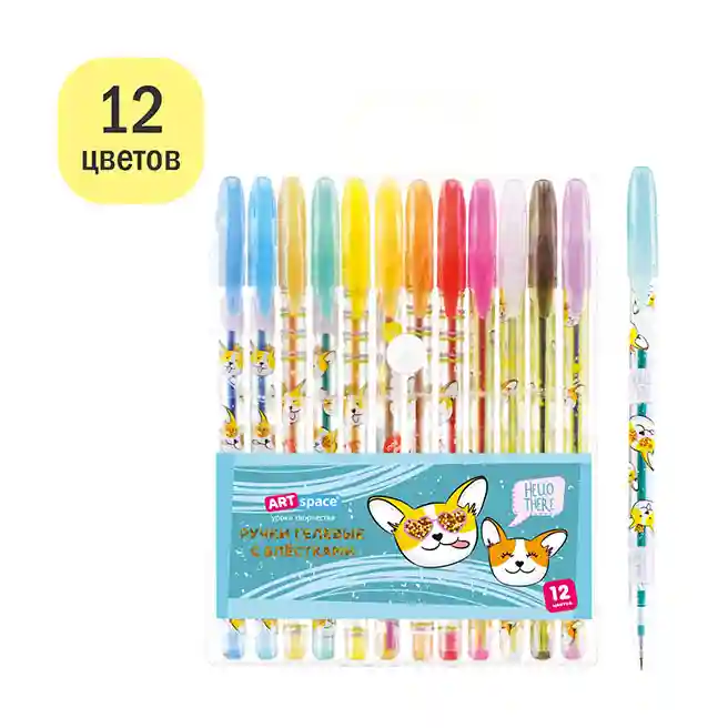 Set de pixuri gel ArtSpace "Animalele drăguțe" 12 culori, 1,0 mm, cu sclipici