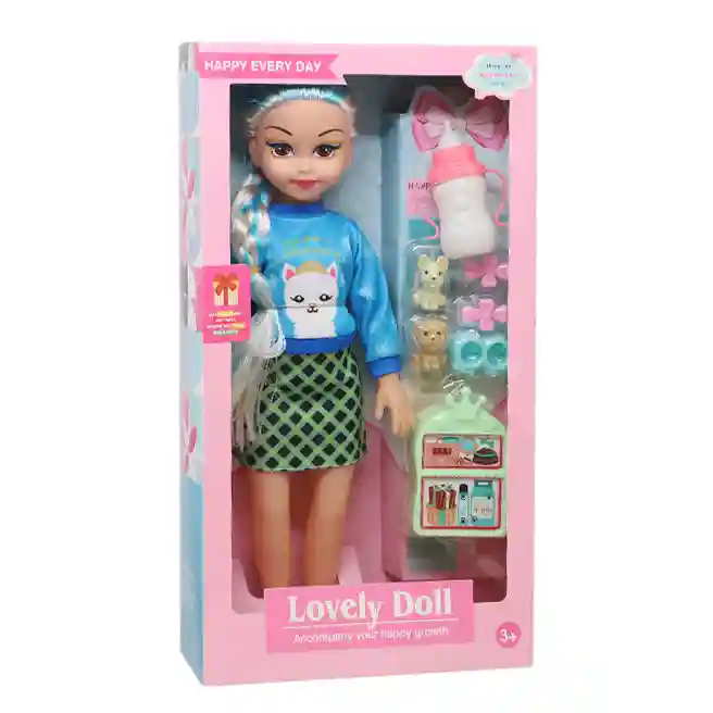 Păpușă cu pulover, câini și accesorii, 45 cm, cod 902519
