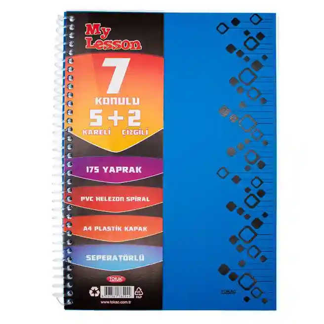 Caiet cu spirală A4 175 foi 5+2 (pătrățele + linie) cu separatoare, copertă din plastic