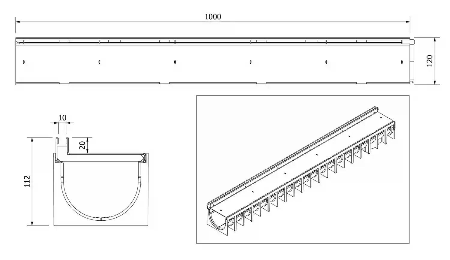 Gratar fonta canalizare fara rigola A15 H20 1000x120 мм (inox) SlotTop  MUFLESYSTEM