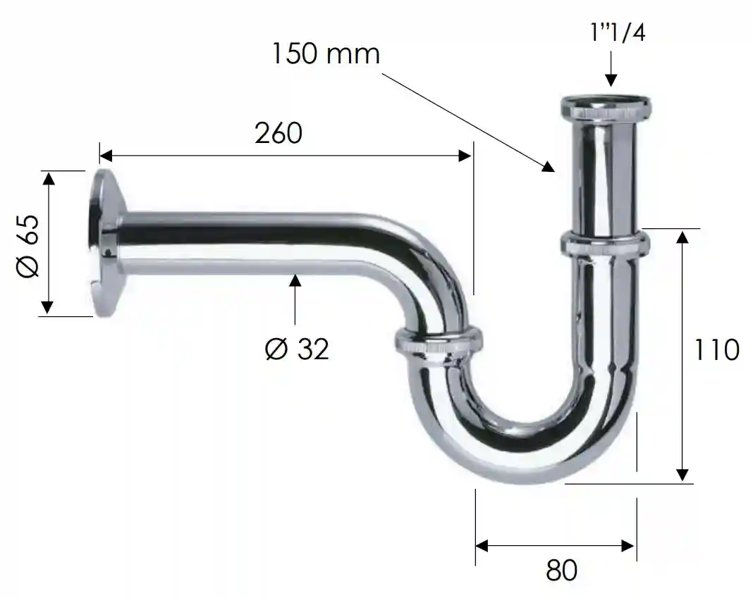 Сифон для умывальника D. 1.1/4" x 32 (хром)  труба 32 "P", без выпуска 977  REMER