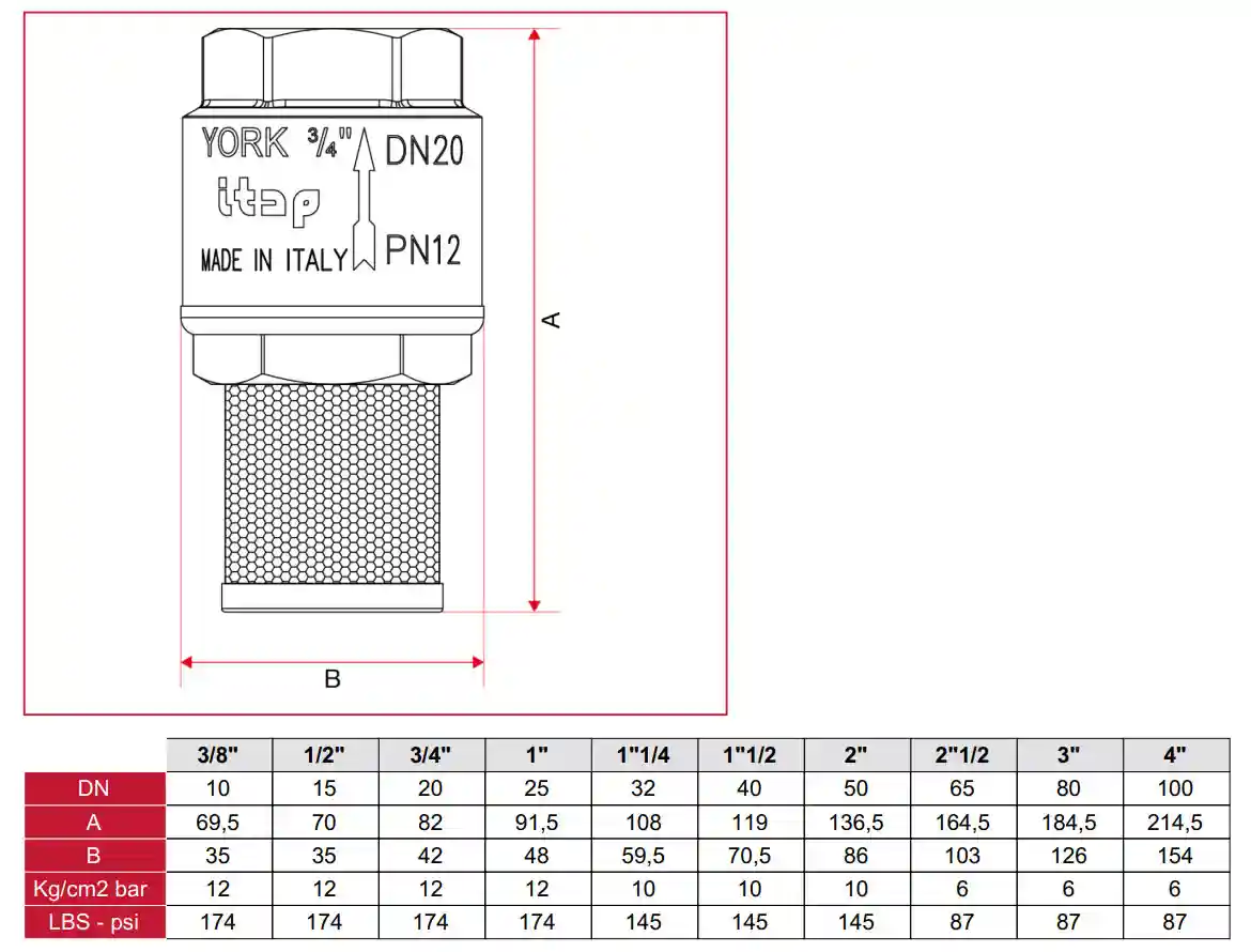 Sorb cu supapa de sens din alama cu sita inox D. 4" PN6 108  ITAP