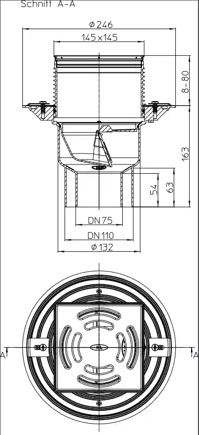 Sifon de pardoseala vertical PP D. 75/110 pentru balcon/terasa, cu grila inox (145 x 145 mm) HL3100T  HL