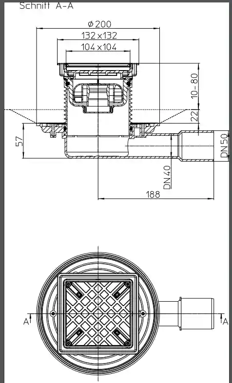 Sifon de pardoseala interior orizontal PP D. 40/50 cu grila inox (132 x 132 mm)