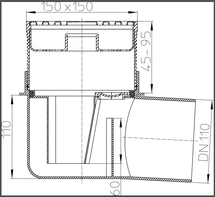 Трап внутренний горизонтальный ПП D.110 (150 x 150 мм, решетка из нержавеющей стали) для подвала HL72N  HL