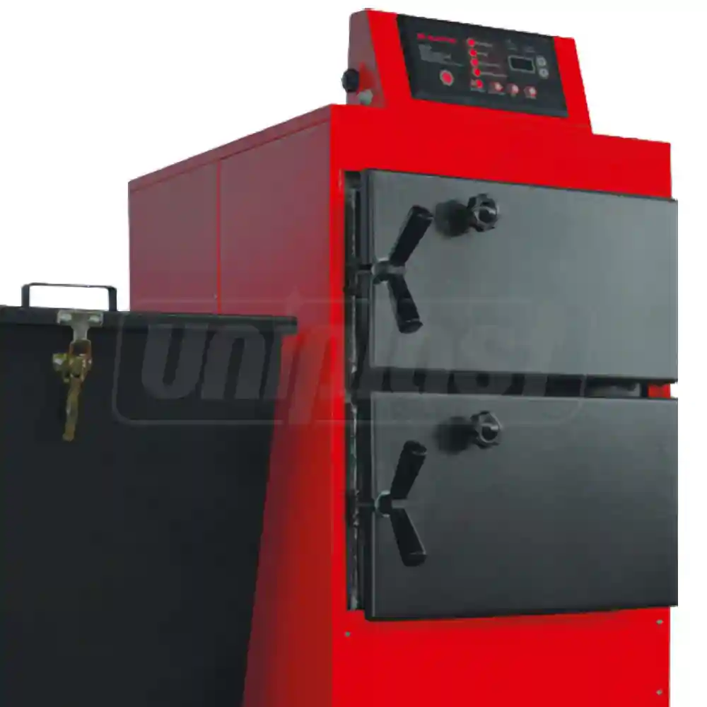 Cazan pe combustibil solid cu incarcare automata din otel (cu buncăr) 25MKB Double Fuel Boiler 30 kW, 300 m² (lemne, carbune, pelete), L=1200 mm, W=940 mm  MAKTEK