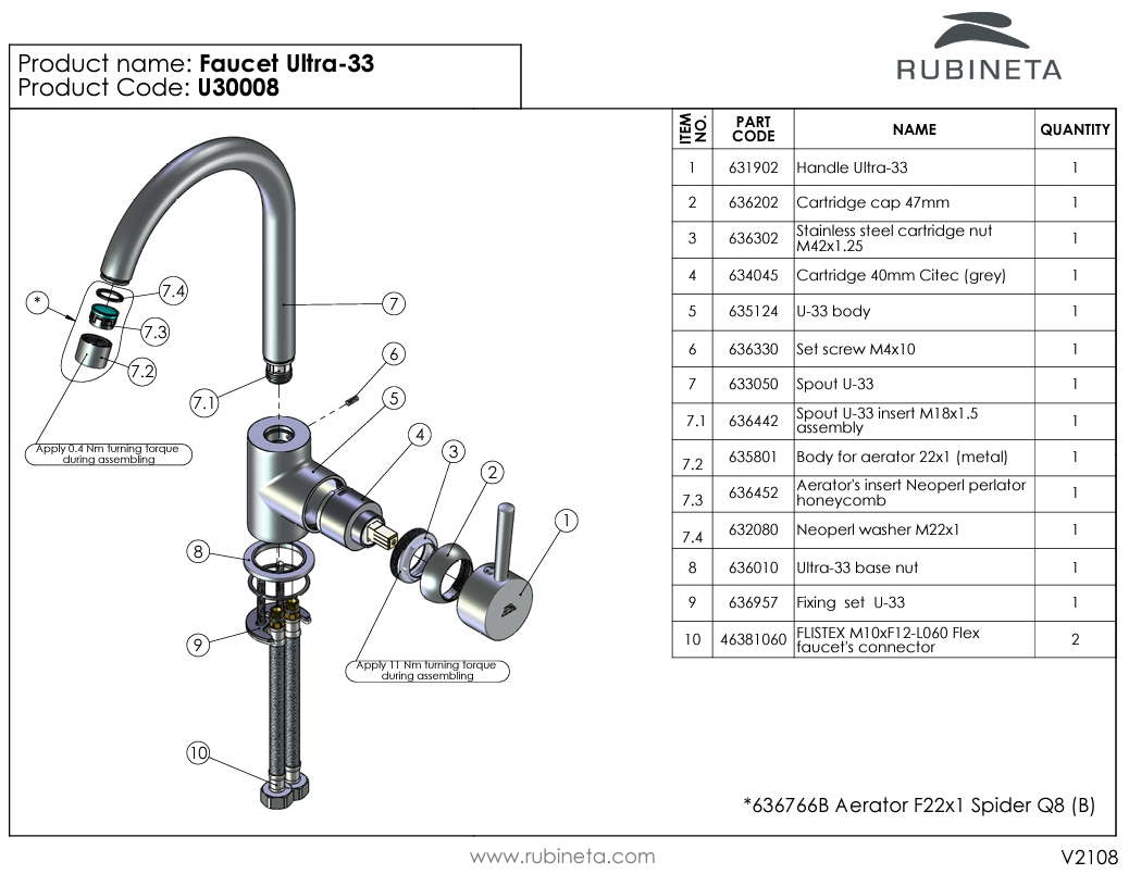 Кухонный смеситель RUBINETA ULTRA-33 U30008