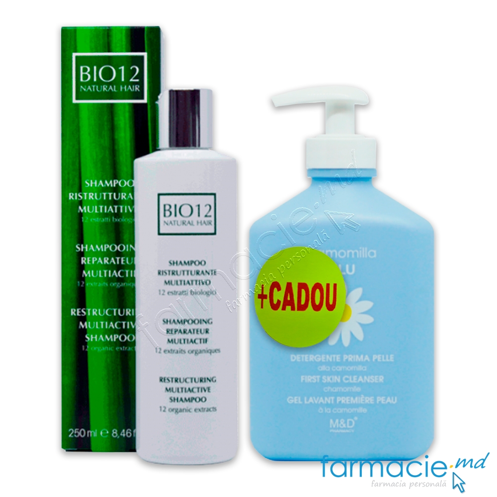 Bio 12 Sampon Restructurant multiactiv, 12 extracte organice 250ml + Camomilla Blu Prima Pelle gel zona delicata a bebelusilor 300ml CADOU