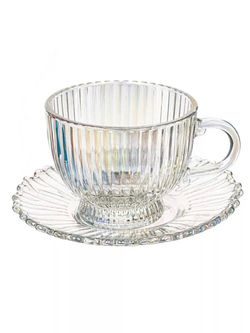 🍵 Set de ceai transparent – 6 căni + 6 farfurii