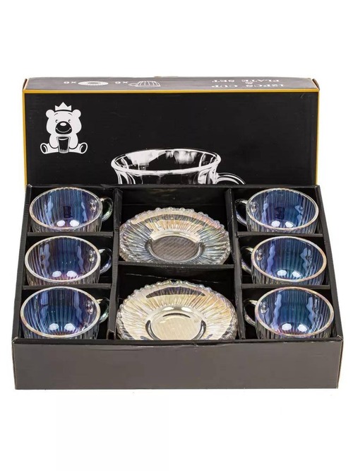 🍵 Set de ceai transparent – 6 căni + 6 farfurii