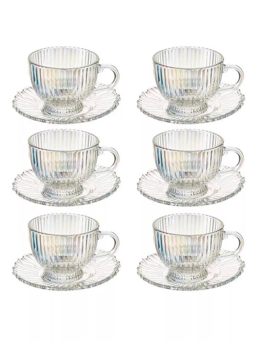 🍵 Set de ceai transparent – 6 căni + 6 farfurii