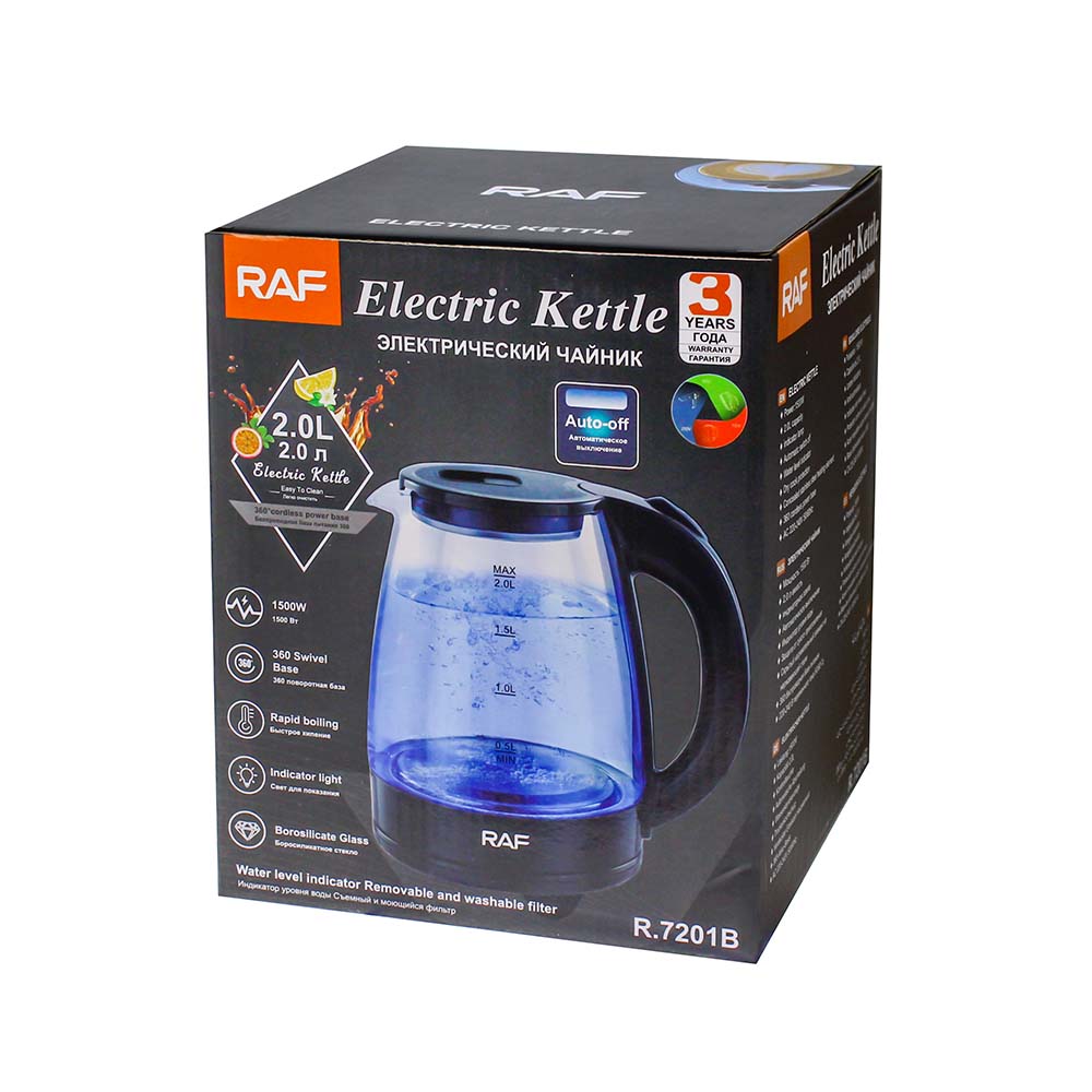 Ceainic Electric din Sticlă RAF, 2 Litri, 1500W, Negru – Fierește Rapid Apa pentru Ceai și Cafea
