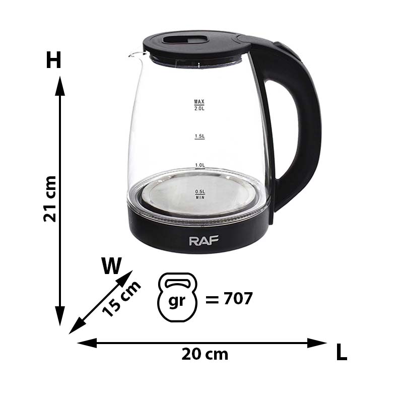 Ceainic Electric din Sticlă RAF, 2 Litri, 1500W, Negru – Fierește Rapid Apa pentru Ceai și Cafea