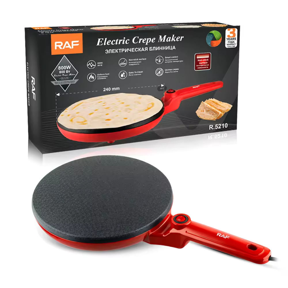Plită Electrică pentru Clătite RAF R5210, 800W, Diametru 24 cm, Acoperire Antiaderentă - Roșie cu Alb