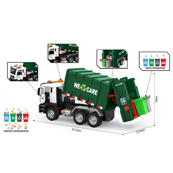 Camion de Gunoi 1:10 cu Inerție, Lumină și Sunet – Jucărie Realistă pentru Copii