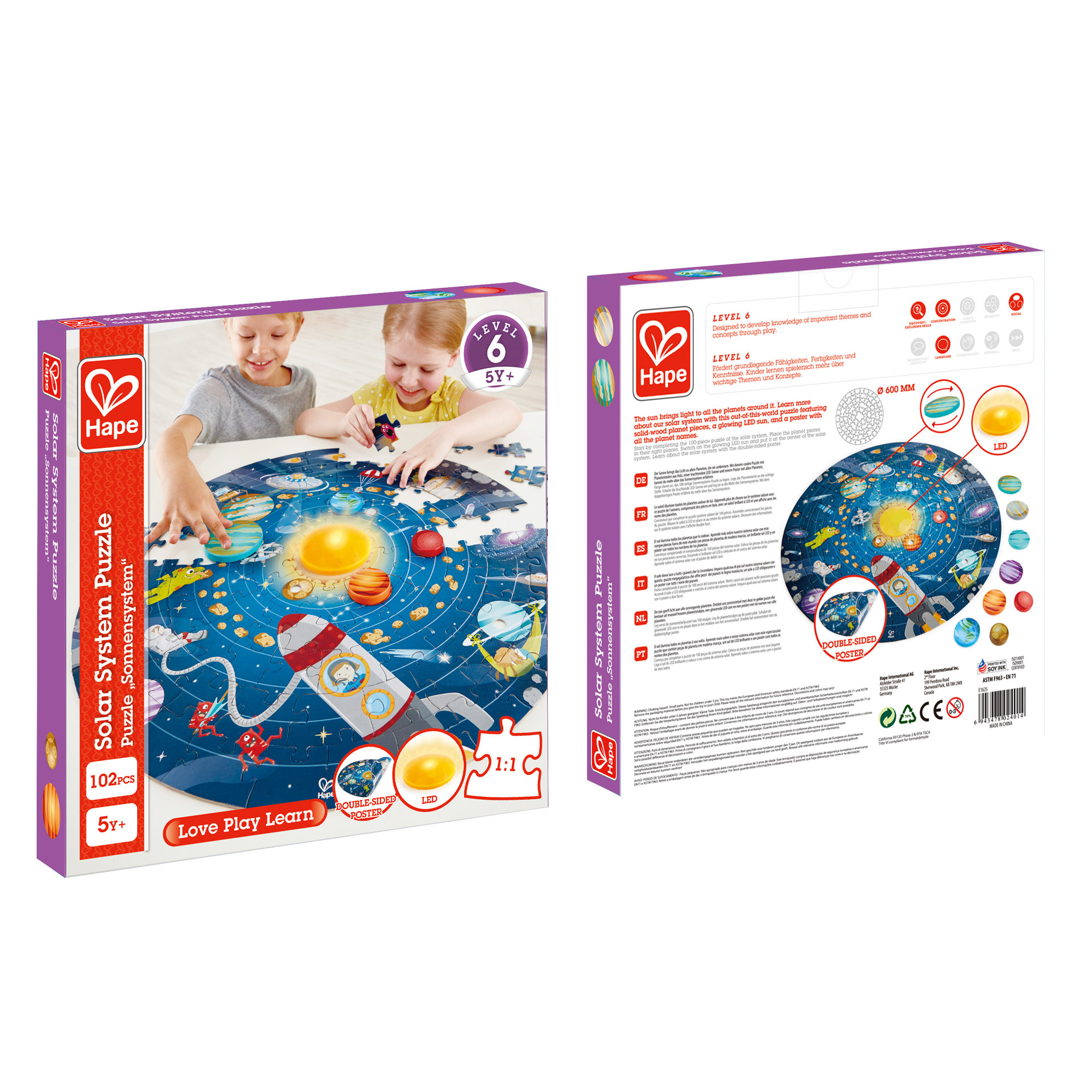 Puzzle „Sistemul Solar” – Descoperă universul cu 102 piese, planete din lemn și soare LED strălucitor