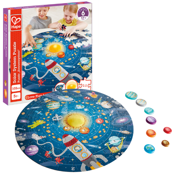 Puzzle „Sistemul Solar” – Descoperă universul cu 102 piese, planete din lemn și soare LED strălucitor