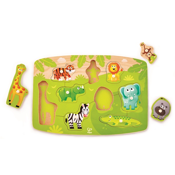 Puzzle din lemn cu buton „Jungla” – Învățare prin joc despre animalele din junglă