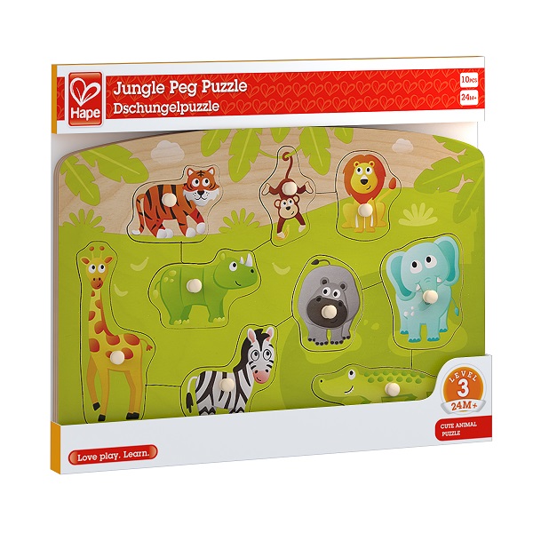 Puzzle din lemn cu buton „Jungla” – Învățare prin joc despre animalele din junglă